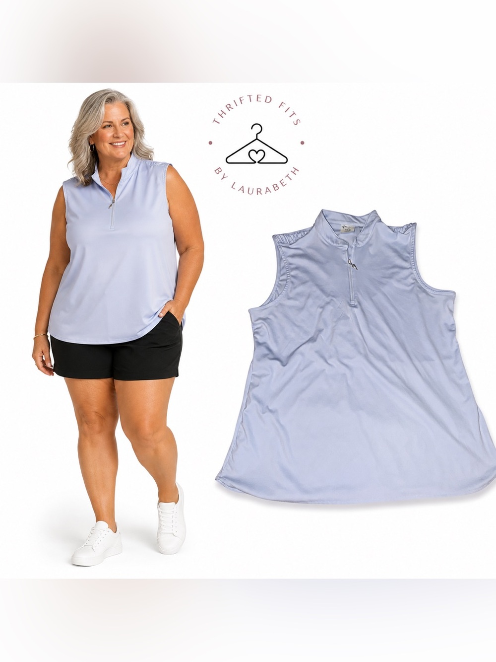 Greg Norman Collection Pale Blue Sleeveless Zip-Front Performance Top
